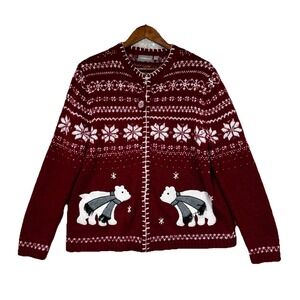 Croft & Barrow Y2K Polar Bear Full Zip Sweater Silk Wool Blend Fair Isle Women L